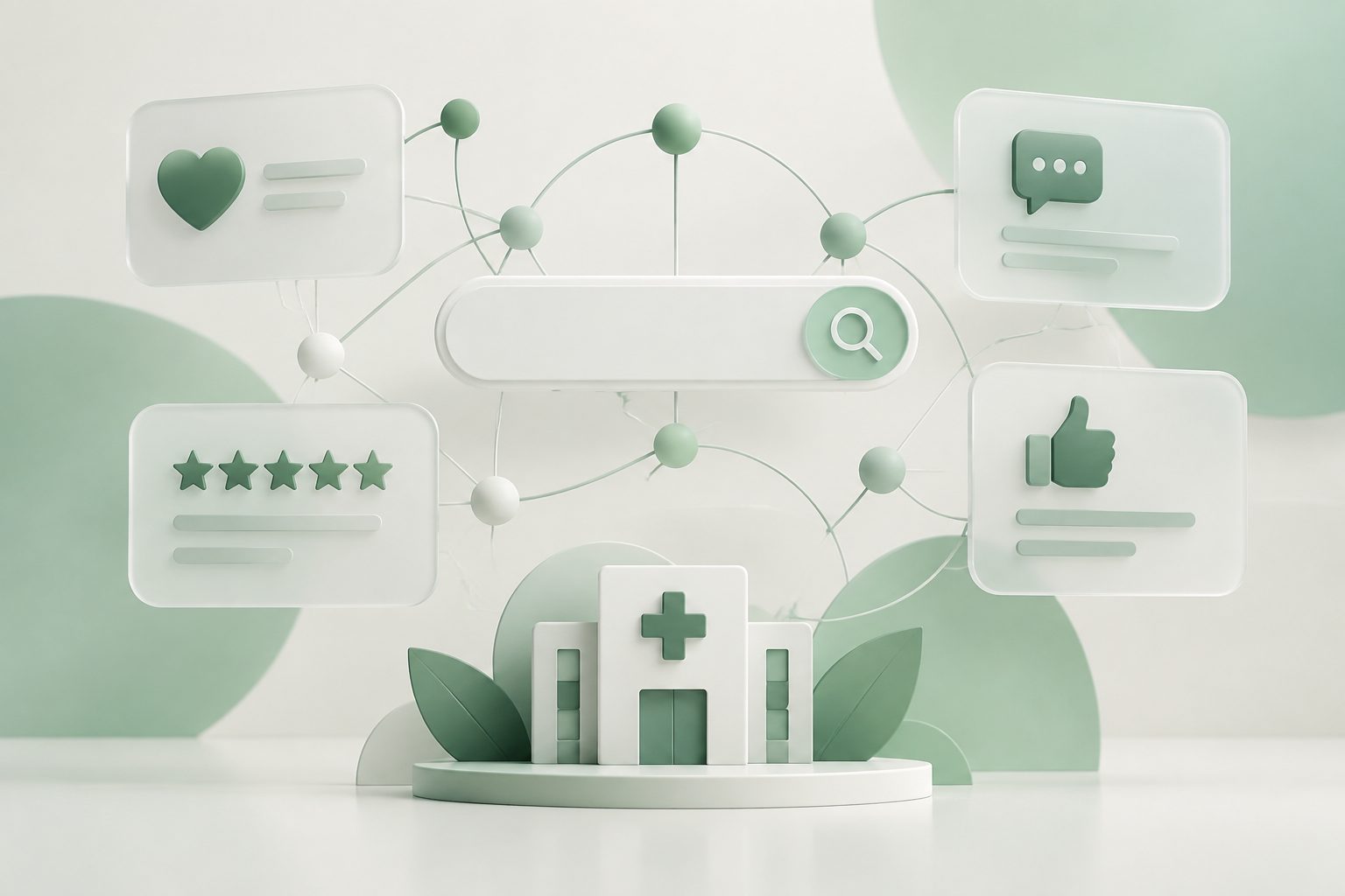 Ilustração abstrata com cartões de avaliações conectados a uma rede de busca, em verde menta e off-white.