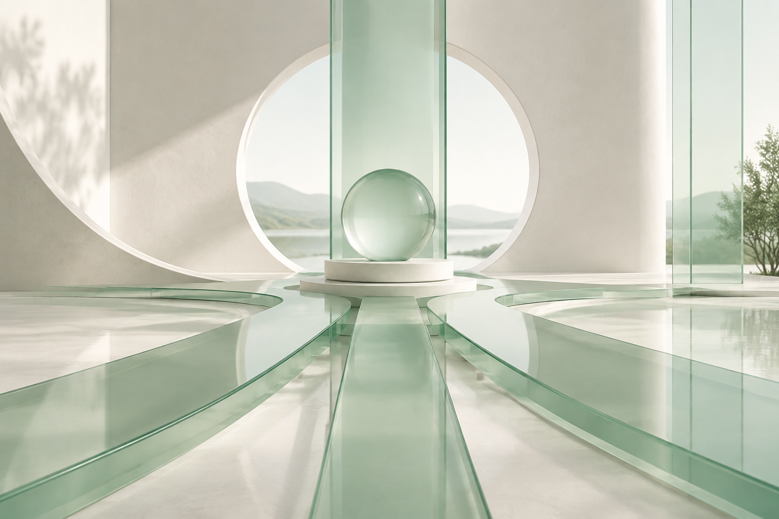 Composição abstrata com caminhos geométricos em verde menta convergindo para uma estrutura central sobre superfícies off-white.