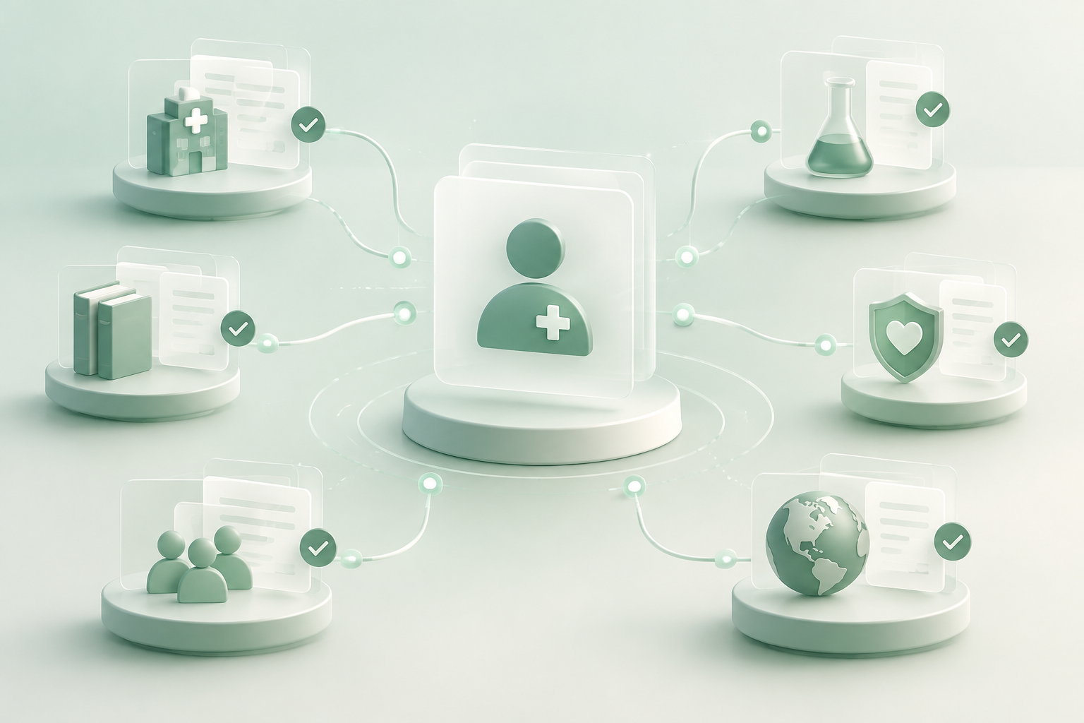 Ilustração abstrata em verde menta e off-white com formas geométricas conectadas, representando a consulta e a comparação de fontes sobre um profissional de saúde.