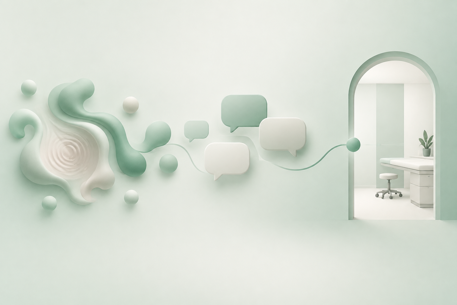 Formas orgânicas em verde menta se conectam a elementos de conversa sobre fundo off-white, representando sintomas transformados em perguntas.