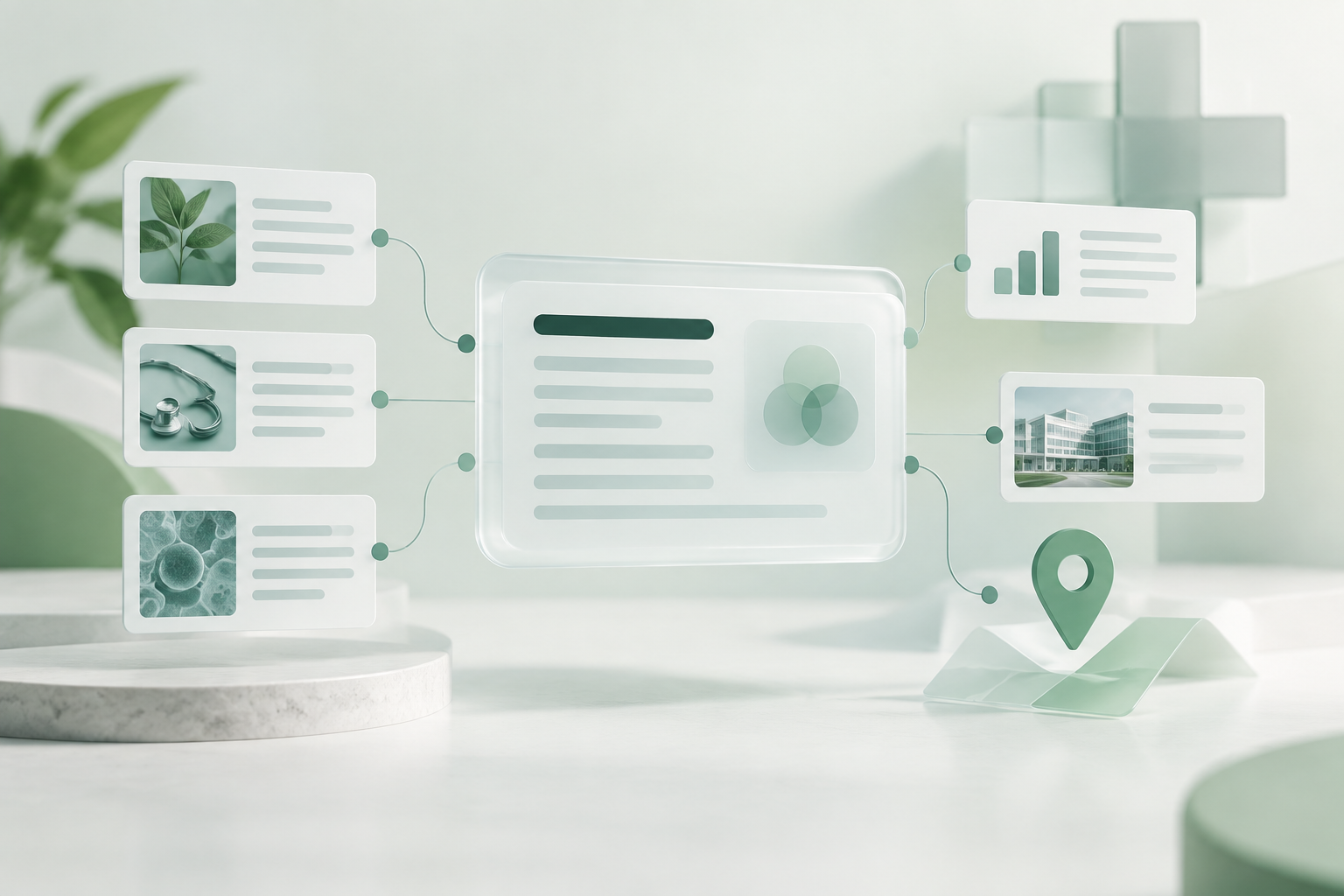 Ilustração abstrata em verde menta e off-white com um painel central conectado a cartões de informação e um símbolo de localização.