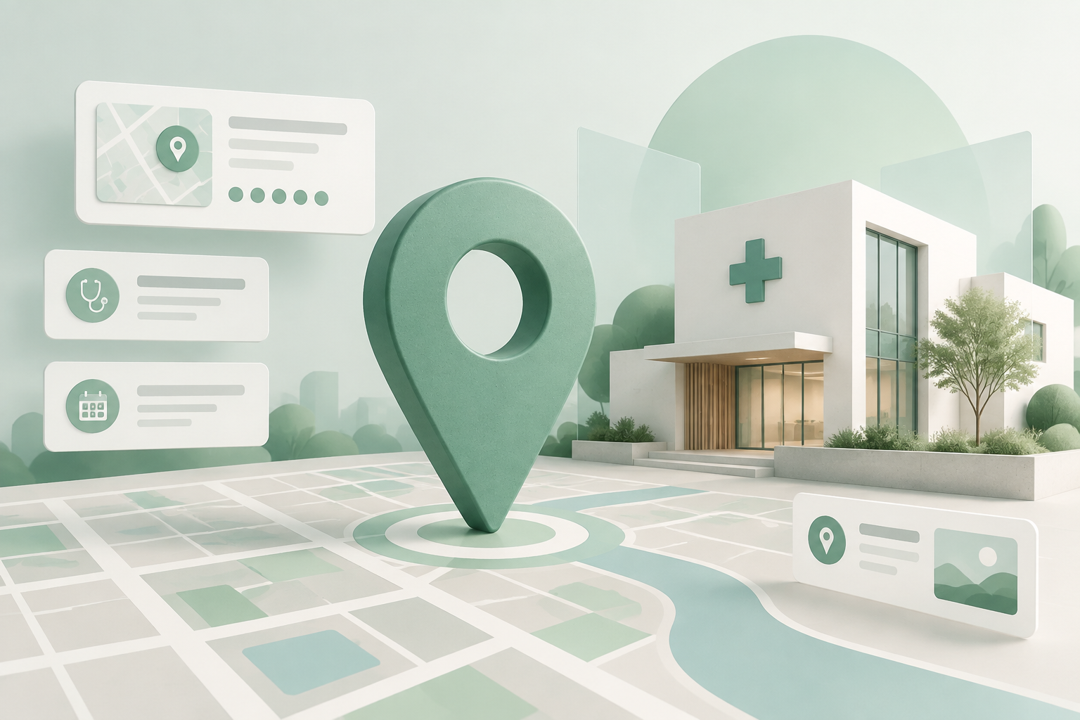 Ilustração abstrata em verde menta e off-white com marcador de localização, volume de uma clínica e cartões sobre uma grade de mapa.