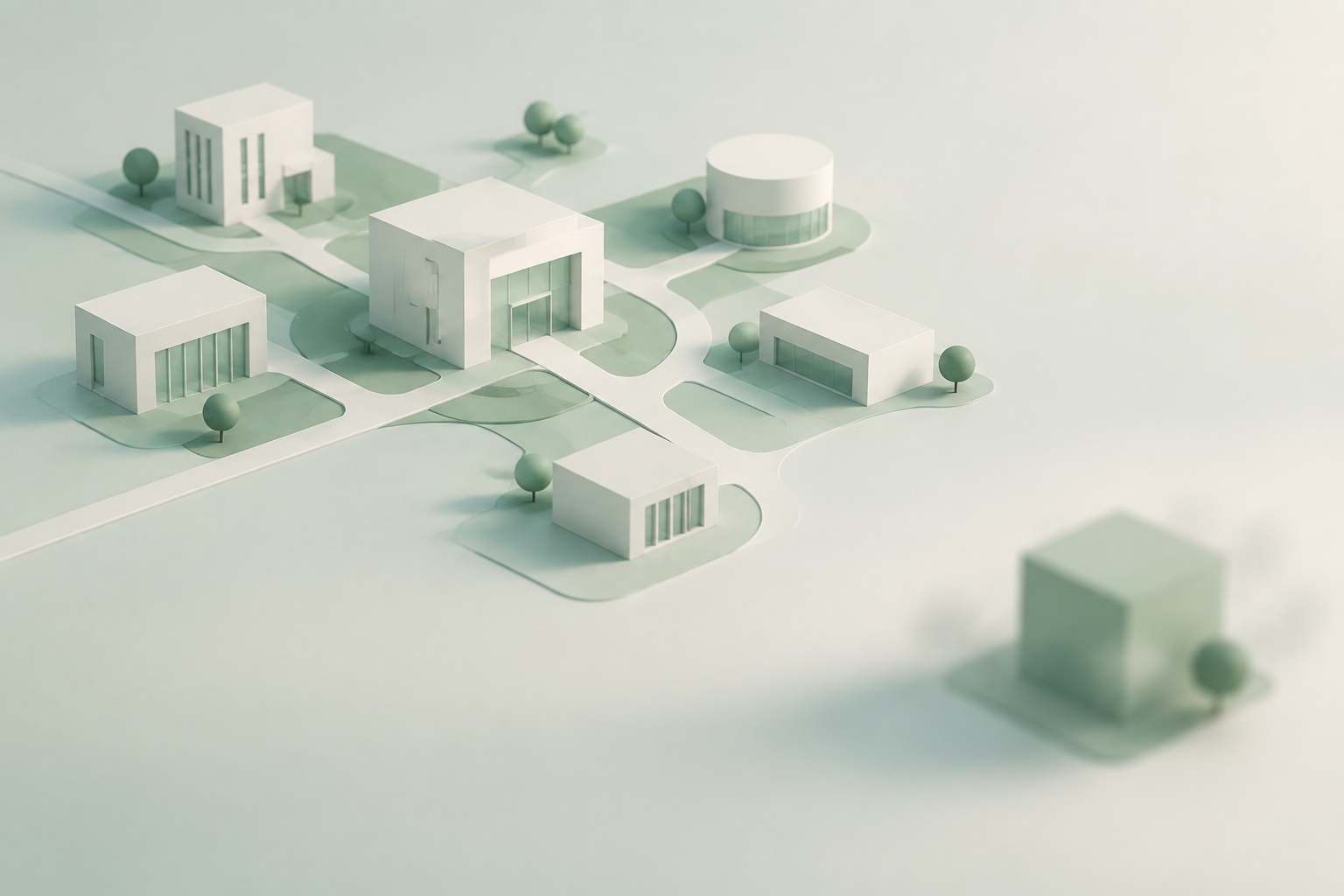 Ilustração abstrata em verde menta e off-white com caminhos conectando blocos geométricos e um bloco isolado, representando uma clínica fora das buscas.