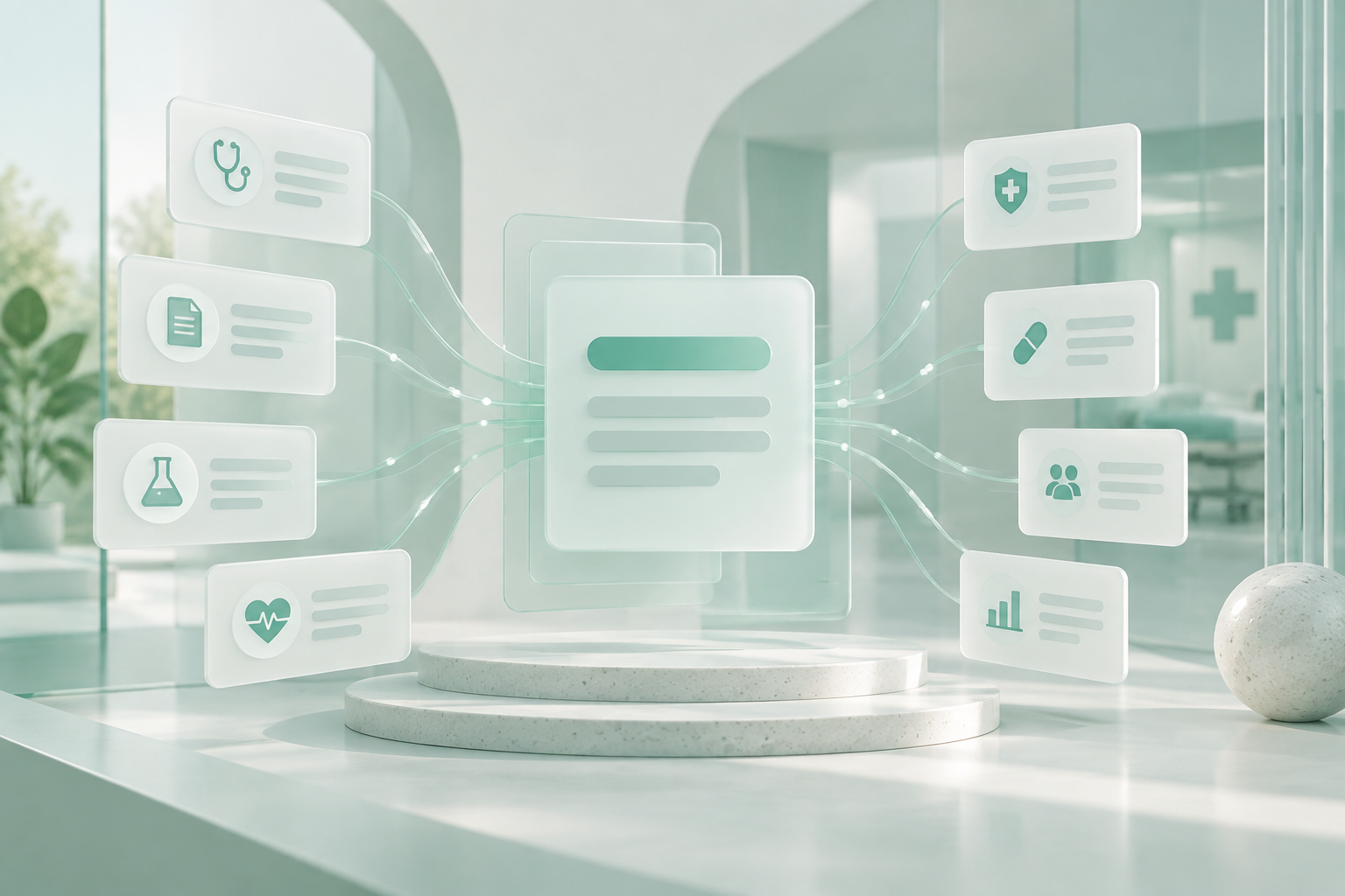 Ilustração abstrata em verde menta e off-white com cartões de informação conectados a um painel central, representando a organização de respostas por IA.