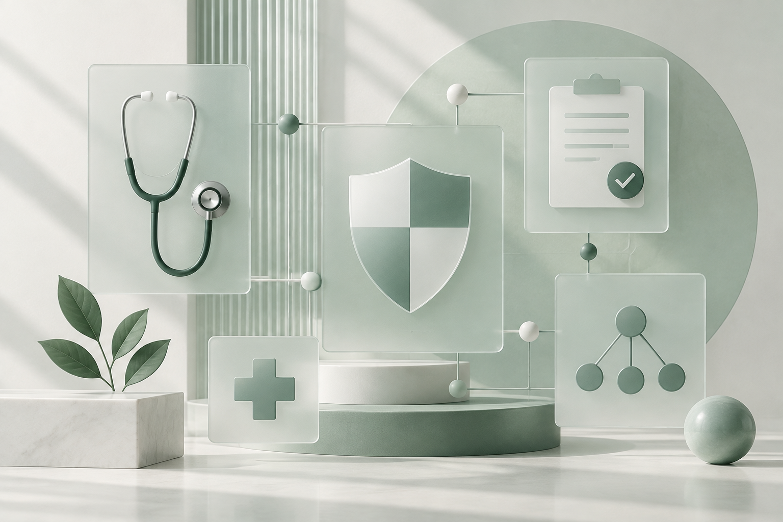 Ilustração abstrata em verde menta e off-white com painéis, formas de escudo e pontos conectados, representando comunicação médica responsável.