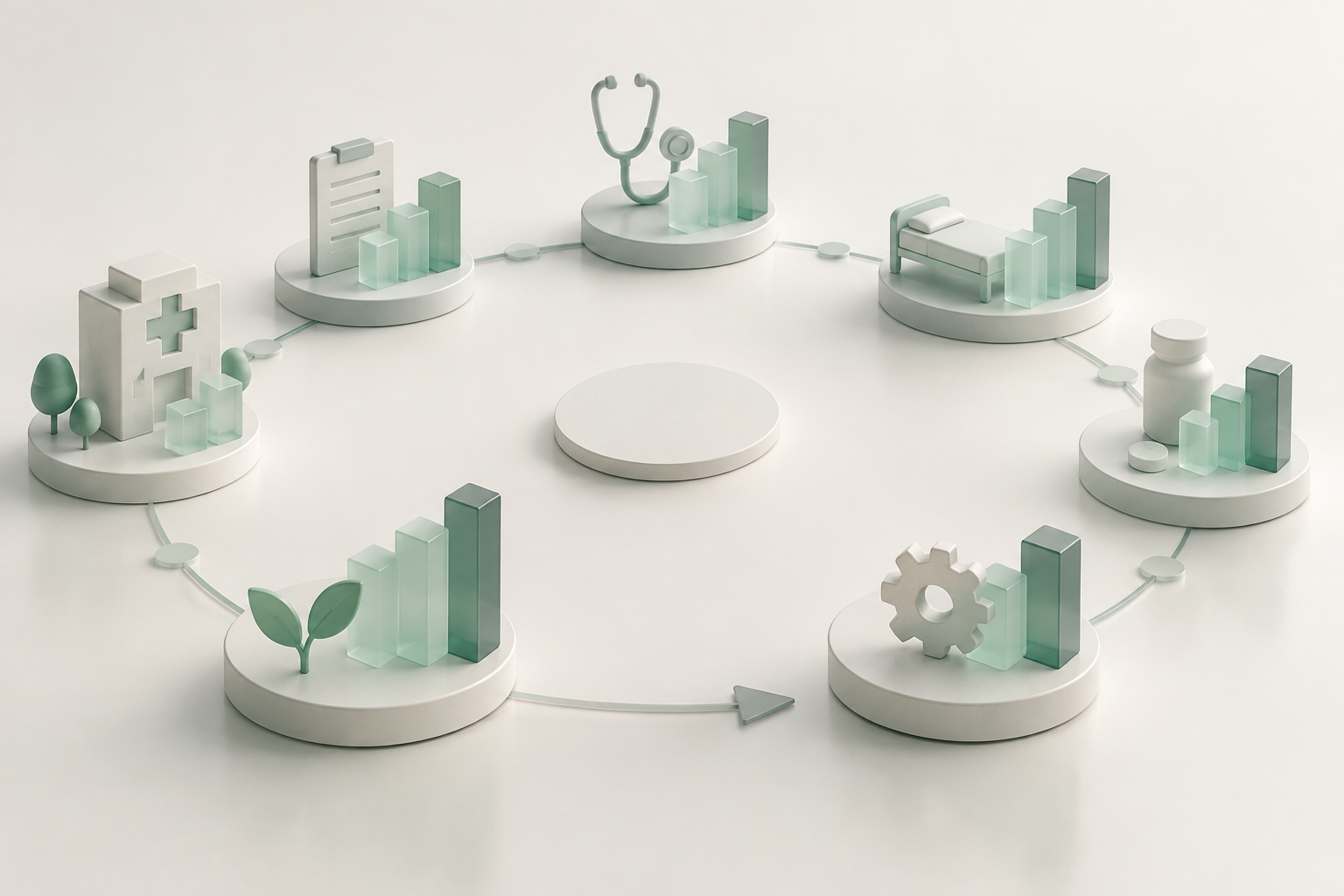 Composição abstrata com módulos verde-menta ao longo de uma linha circular e blocos geométricos sobre fundo off-white, representando valor acumulado e custos no tempo.